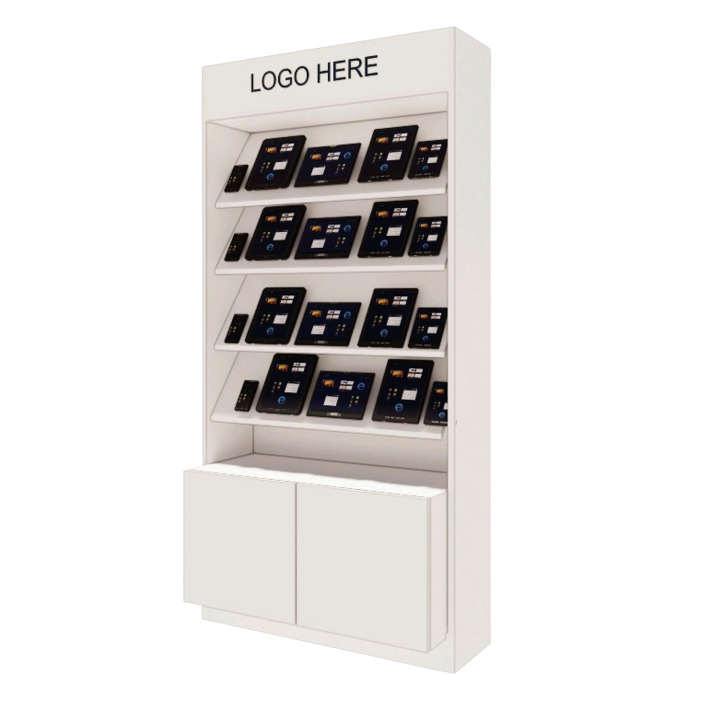 Schräges Präsentationsregal 100 cm mit Stauraum & Logo – Weiß/Holz für Tablets & Geräte