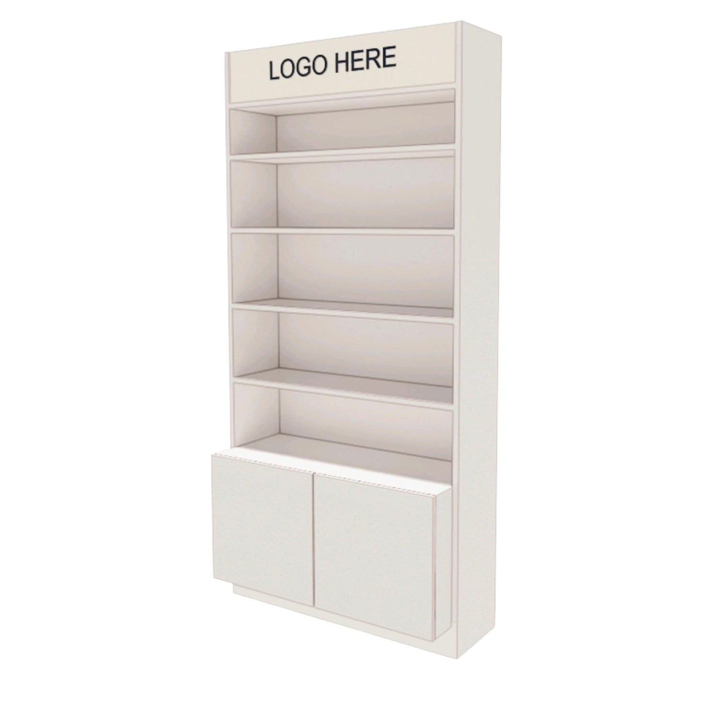 Fachregal 100 cm mit Stauraum & Logo – Weiß/Holz Präsentationsmöbel für Shops & Messen