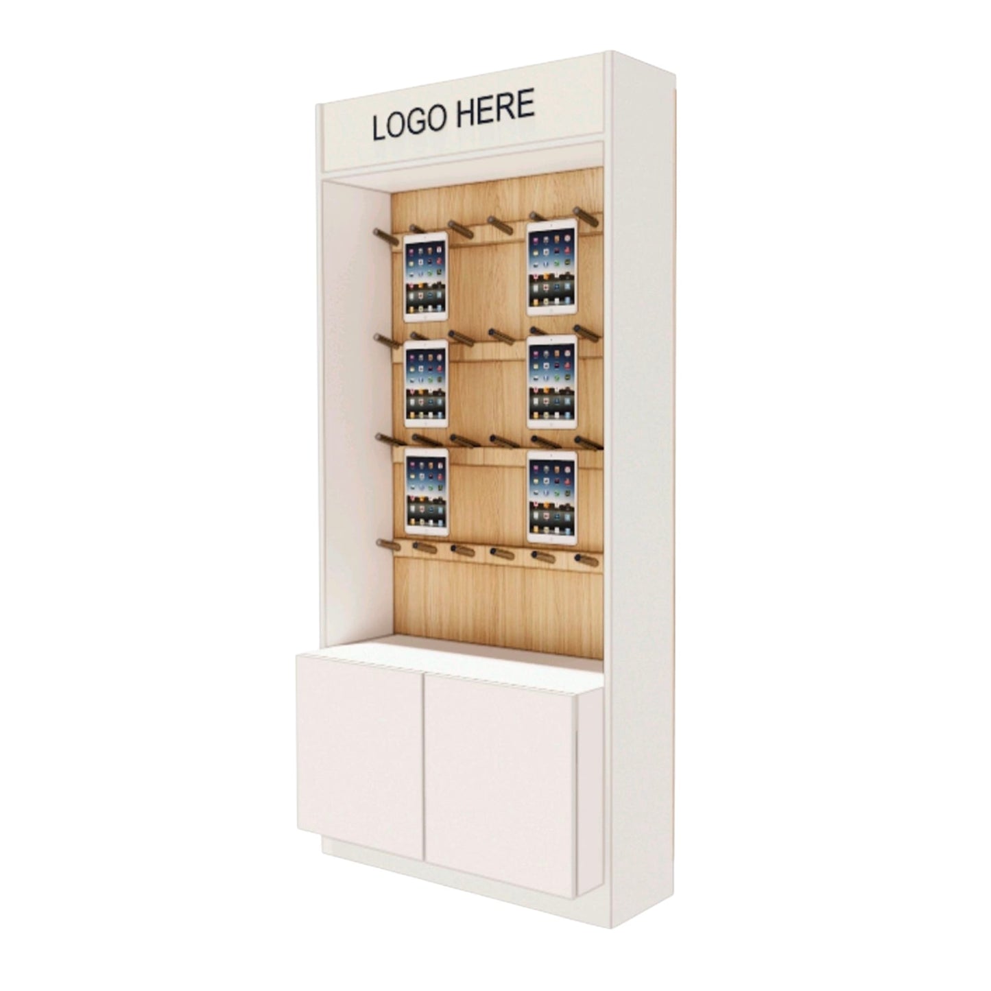 Wandregal mit Haken & CNC-Schienen – 100 cm | Holz & Weiß | Präsentationssystem für Handy, Tablets & Zubehör