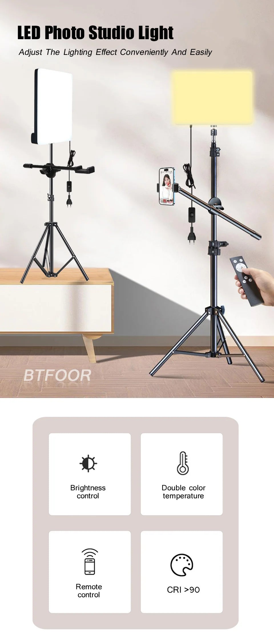 BTFOOR LED Foto‑Studio Lichtpanel 3300–5600 K (Bi‑Color, mit Stativ, EU‑Stecker)