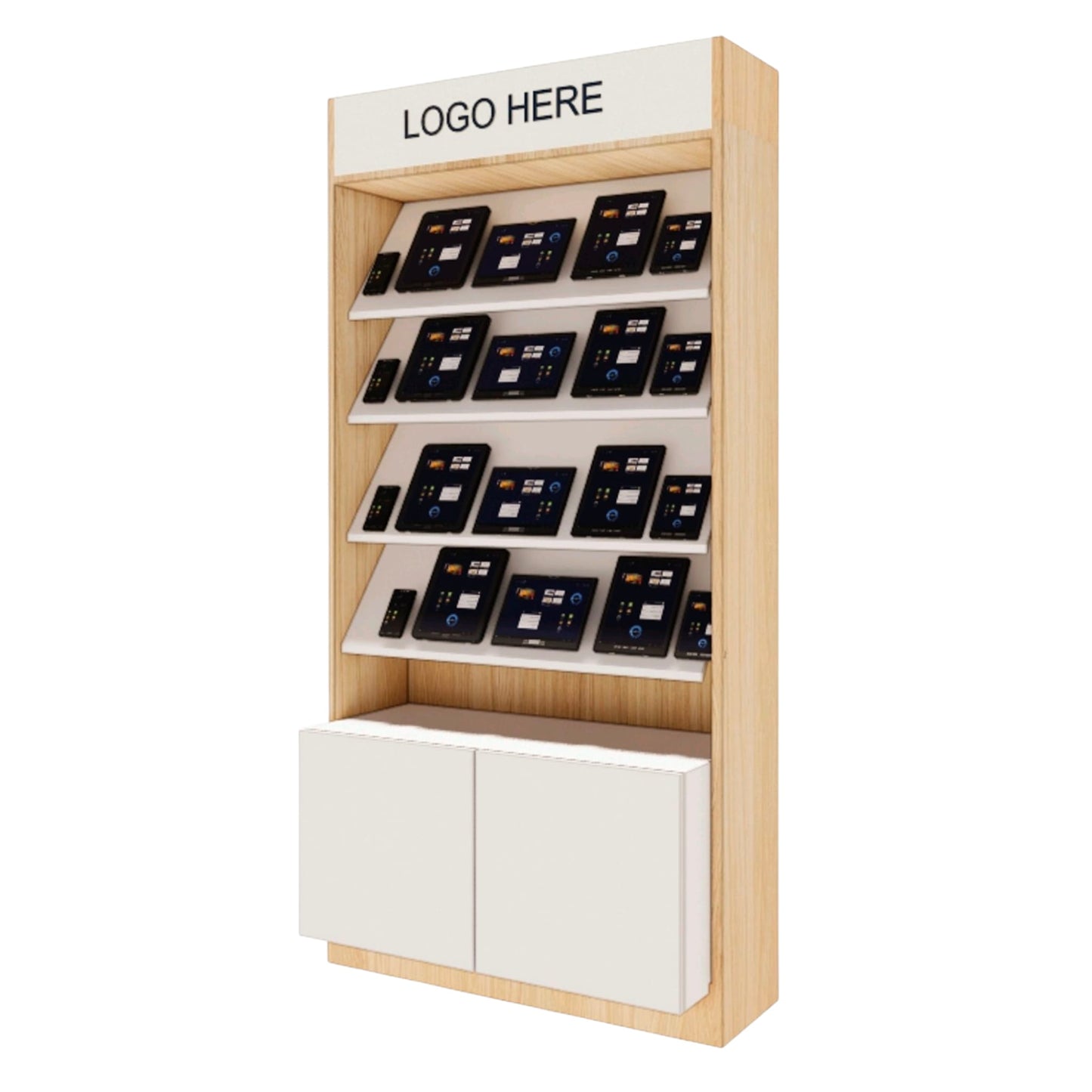 Schräges Präsentationsregal 100 cm mit Stauraum & Logo – Weiß/Holz für Tablets & Geräte