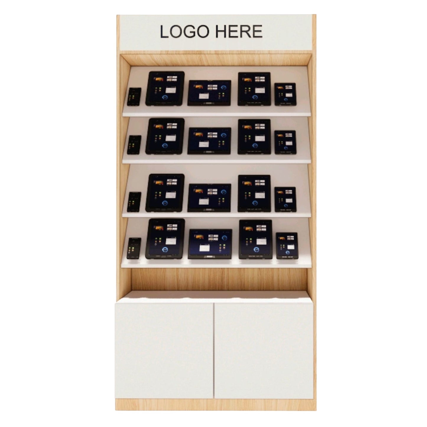 Schräges Präsentationsregal 100 cm mit Stauraum & Logo – Weiß/Holz für Tablets & Geräte