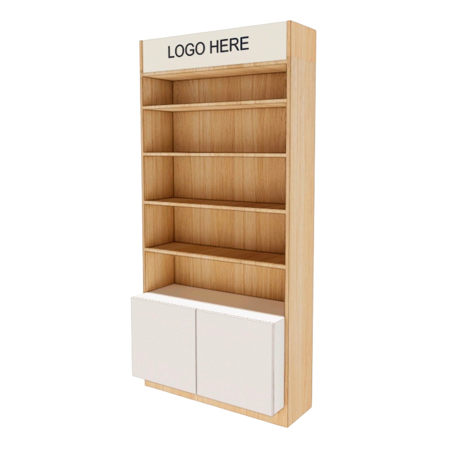 Fachregal 100 cm mit Stauraum & Logo – Weiß/Holz Präsentationsmöbel für Shops & Messen