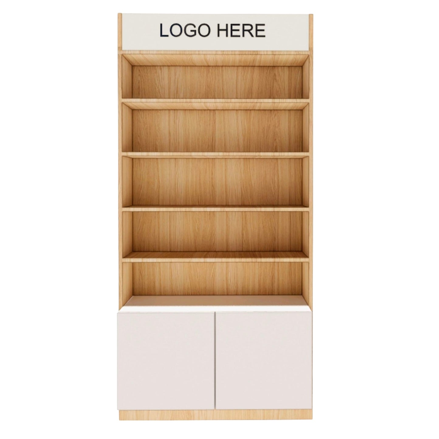 Fachregal 100 cm mit Stauraum & Logo – Weiß/Holz Präsentationsmöbel für Shops & Messen
